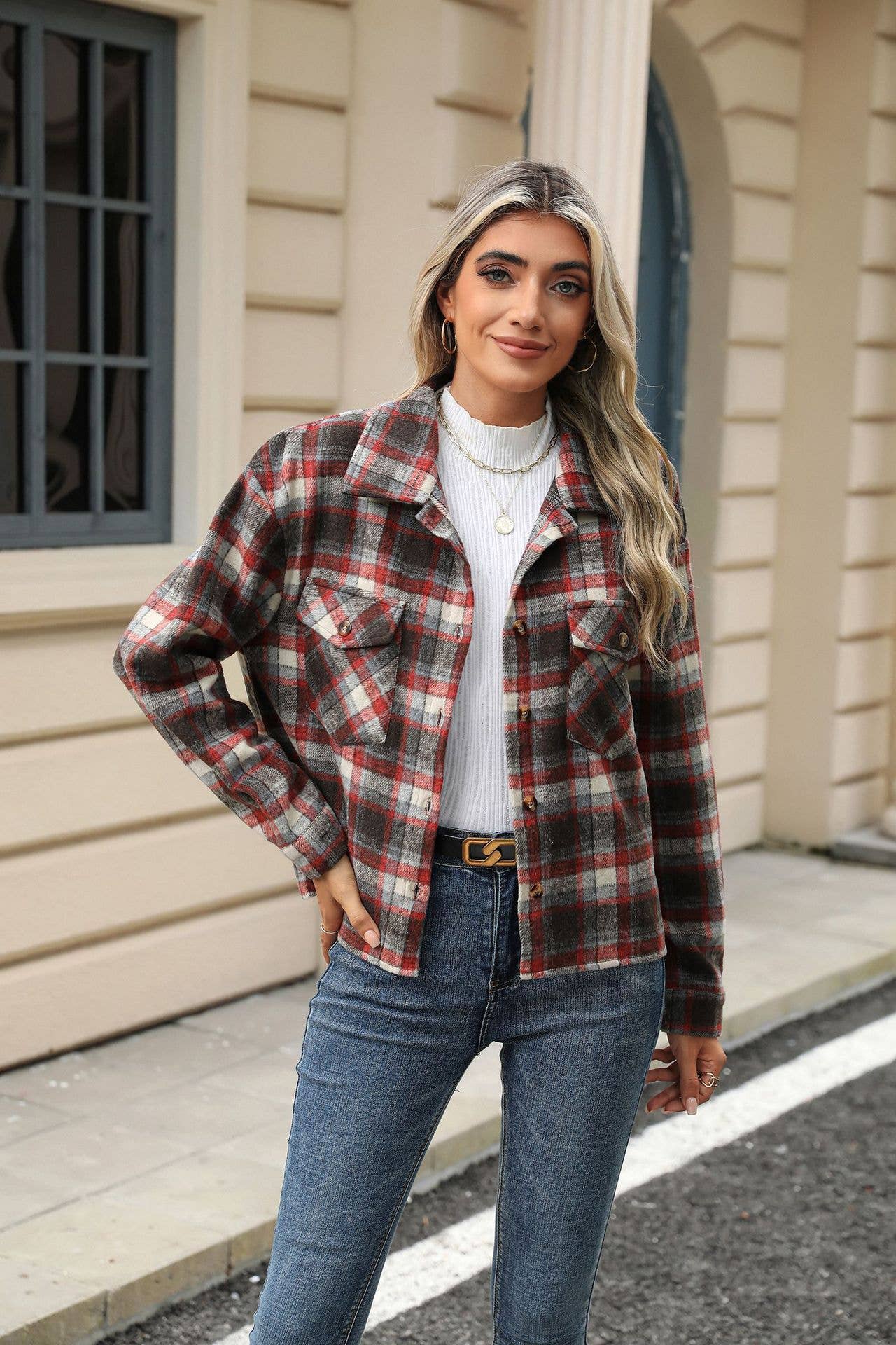 Lily Clothing - Wholesale Shirt Jacket/Shacket - Women's - LONG-SLEEVED PLAID WOOL JACKET WITH BAGGY POCKETS17