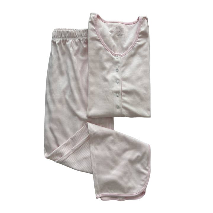 Pyjama pour femme 100 % coton Pima à rayures roses pour la vente par Pim Baby
