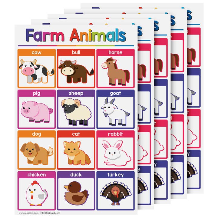 Tabela de Animais de Fazenda para Crianças | Poster Educativo Brilhante e Colorido | 11" x 17" | Pacote 5 por atacado de Fine Cardstock