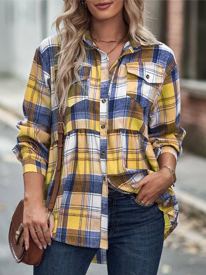 Rosa Clothing - Wholesale Button Down Shirt - Women's - Pocket long-sleeve plaid shirt jacket1