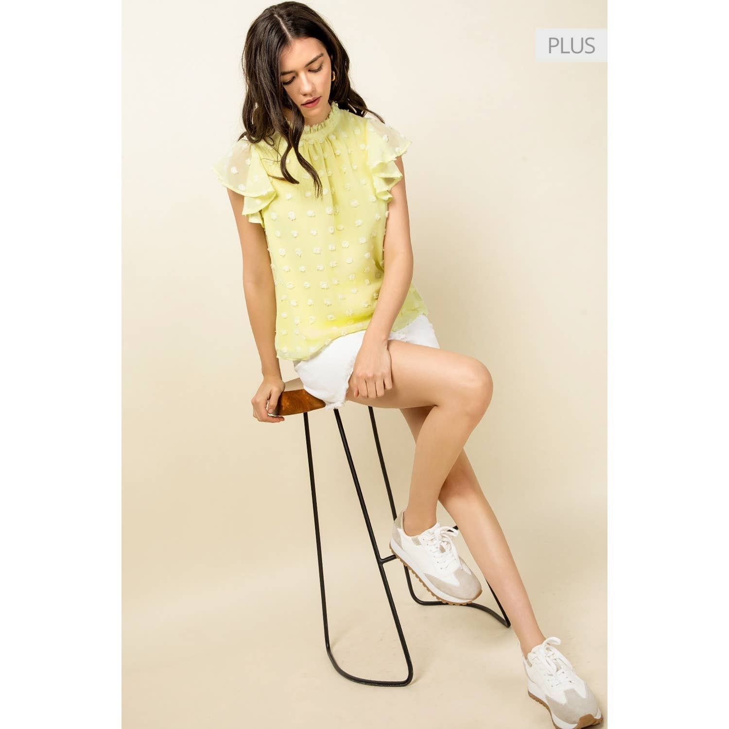 YELLOW /Size XL/ Romantic Pom Dot Top Featuring Draped Flutter Slee for wholesale on Faire6