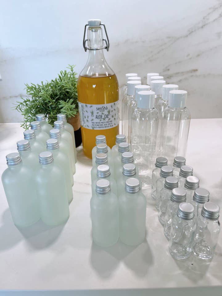 Startkit Bulk Aloë Vera-olie 1L met lege flessen voor wholesale door SenShâ Cosmetics Sàrl