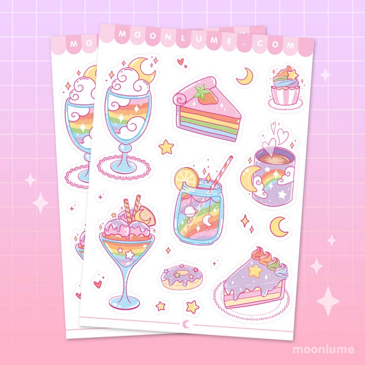 Rainbow Desserts vinyl and waterproof A6 sticker sheet for wholesale by Moonlume