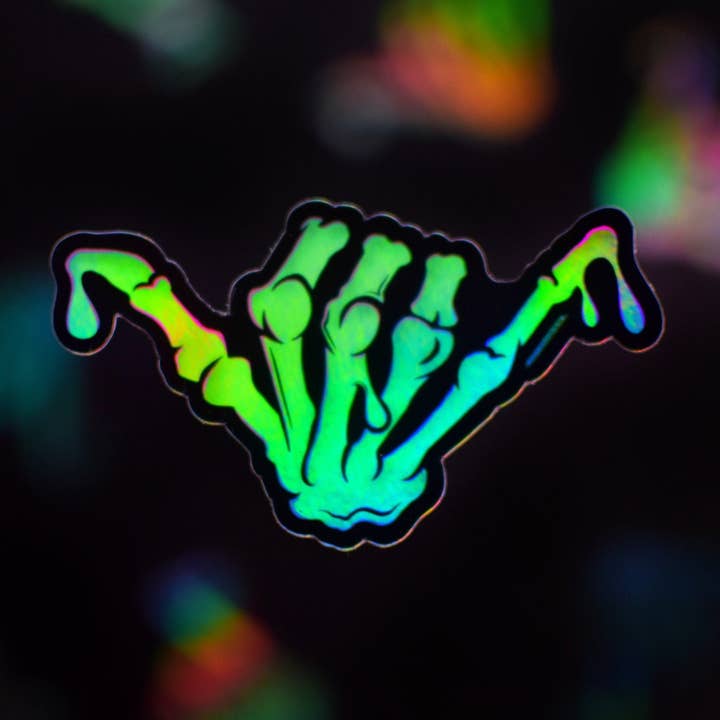 Hang Loose Holographic Sticker in Cyan, 3x1.75in for wholesale by Catnip and Kittens