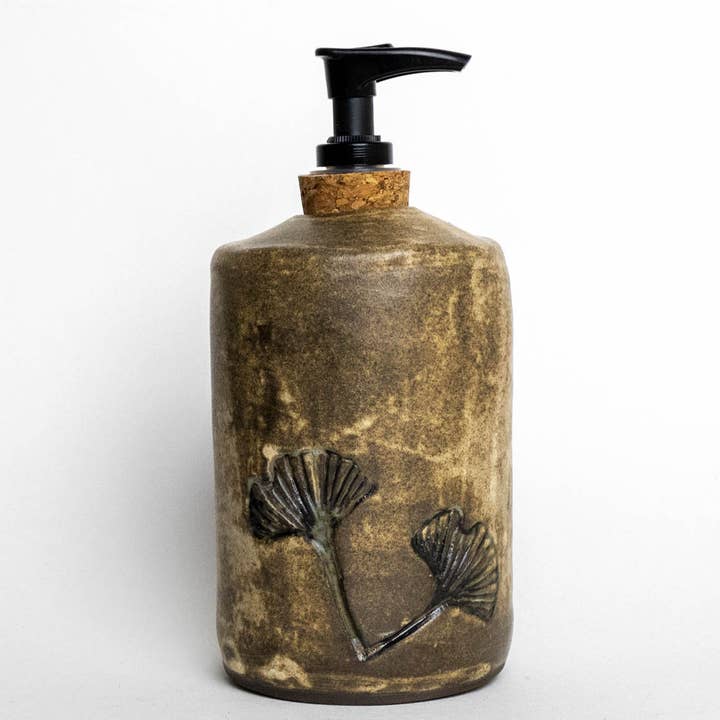 Ginkgo Leaf Beige Lotion / Soap Dispenser Handmade in Ohio for wholesale by White Squirrel Clayworks