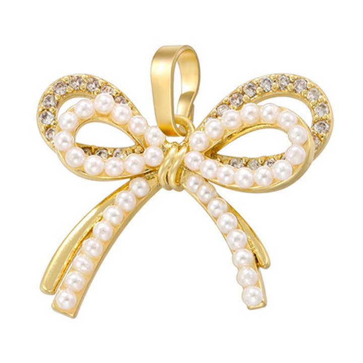 Micro Pave and Pearl Bow Charm/Pendant for wholesale by LolaClaire Jewelry