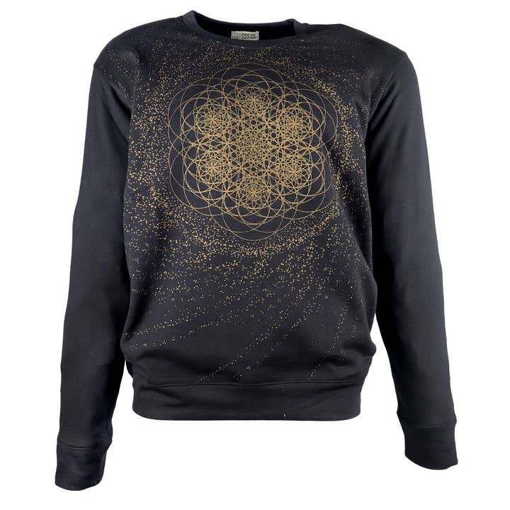 Maglione con stampa Fiore della Vita nero-oro Geometria sacra per la vendita all'ingrosso da parte di Tribal Trade GmbH