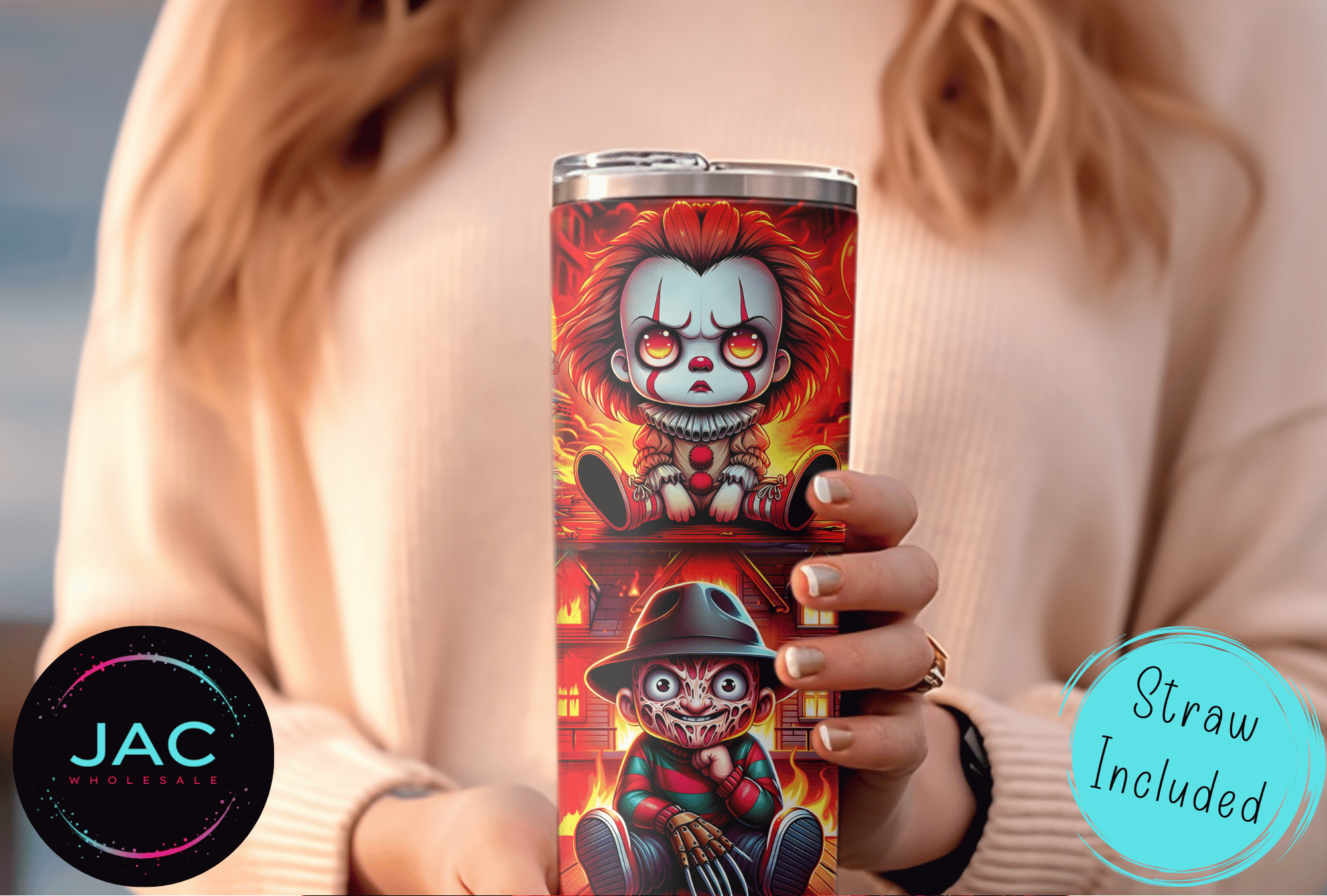 JAC Wholesale - Wholesale Insulated Mug/Tumbler - Flaming Horror Friends Skinny Tumbler 20oz1