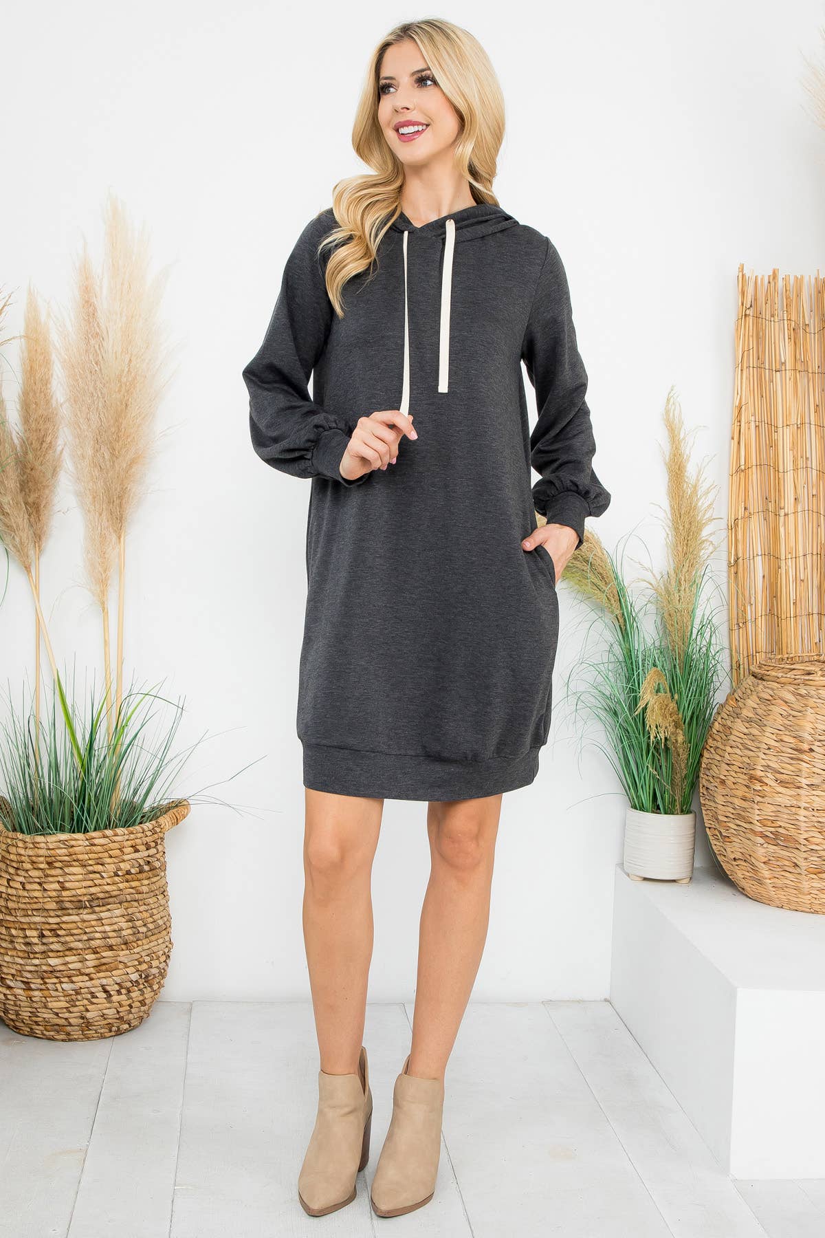You & Me - Wholesale Dress - Women's - YMD10061V-FRENCH TERRY LONG PUFF SLEEVE HOODIE DRESS32