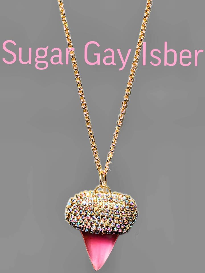 Barbie Pink Shark Tooth Fossil Replica Necklace Bling Unisex Statement Gay Isber gold chain for wholesale by Gay Isber Designs