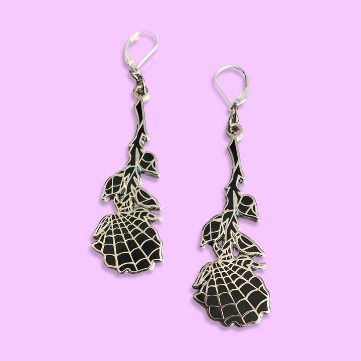 Tangled Spiderweb Rose Goth Enamel Earrings for wholesale by Foolish Fetish