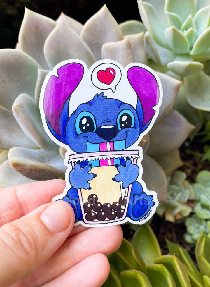 Cloud Cat Arts - Wholesale Sticker - Stitch Blue Alien with Boba Sticker - Kawaii Bubble Tea0