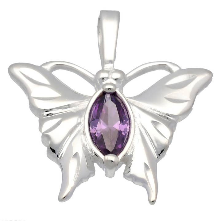 Etched Wing Butterfly and Purple CZ Sterling Silver Pendant for wholesale by Silver Insanity