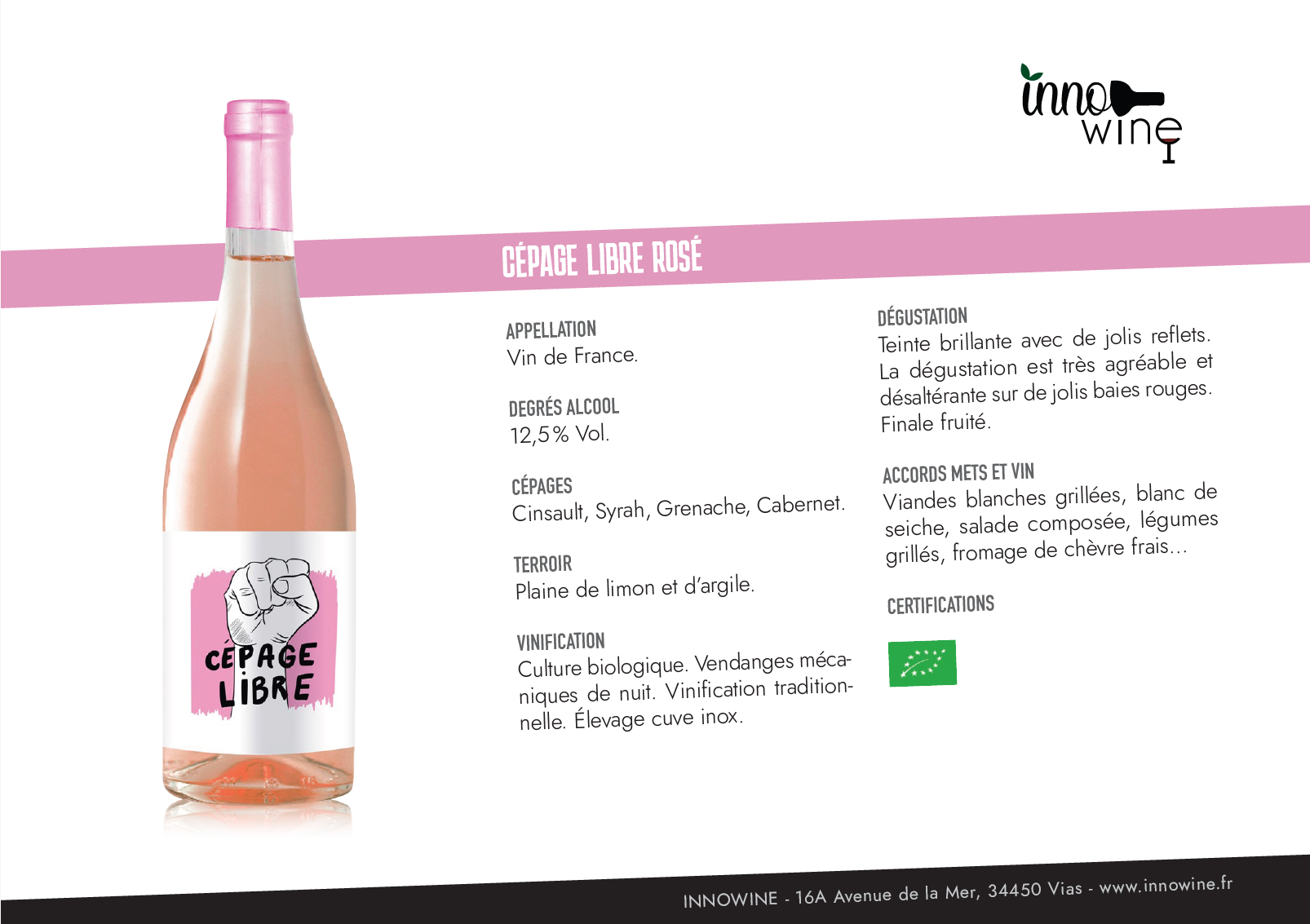 INNOWINE - Wholesale Rose Wine - Cépage Libre Organic Rosé 75 cl1