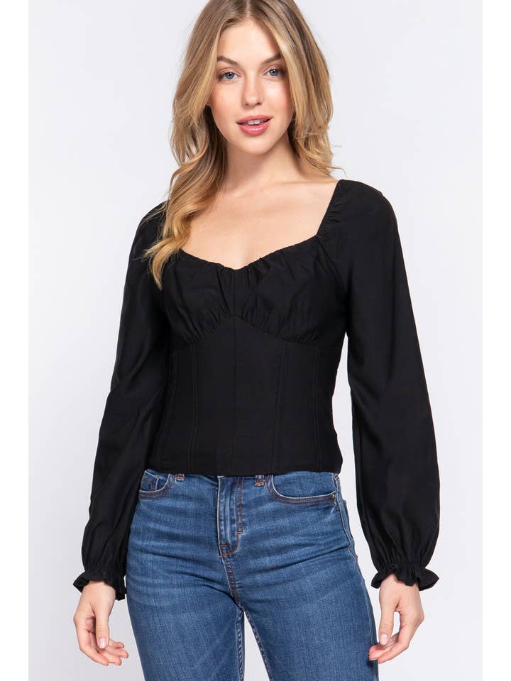 Active Basic | Active USA - Vendita all'ingrosso Camicetta - Donna - Top a bustino elasticizzato con scollo a cuore a maniche lunghe2