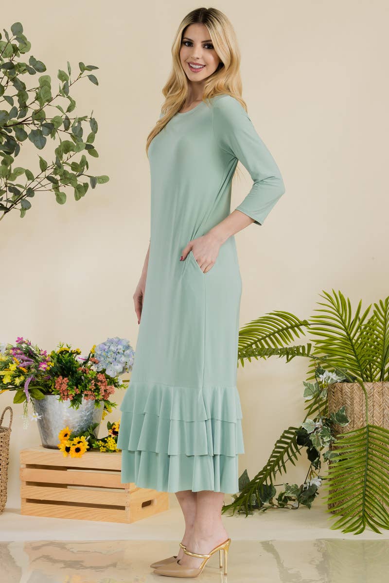 Celeste Clothing – Großhandel Kleid – Damen – Großgrößen-Midikleid mit gestuften Rüschen und 3/4-Ärmeln19