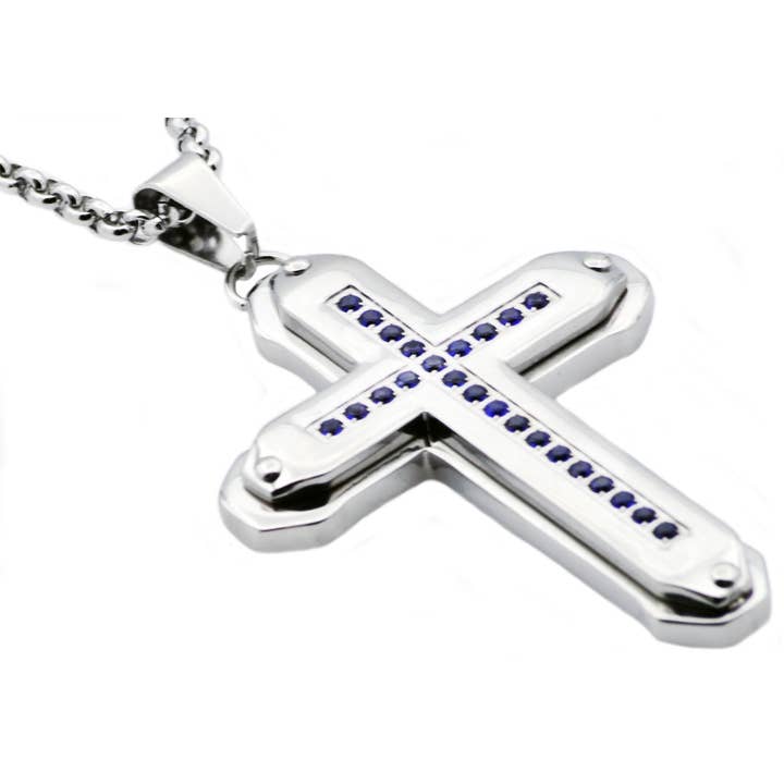 Mens Cross Pendant Necklace With Blue Cubic Zirconia for wholesale by Blackjack Mens Jewelry