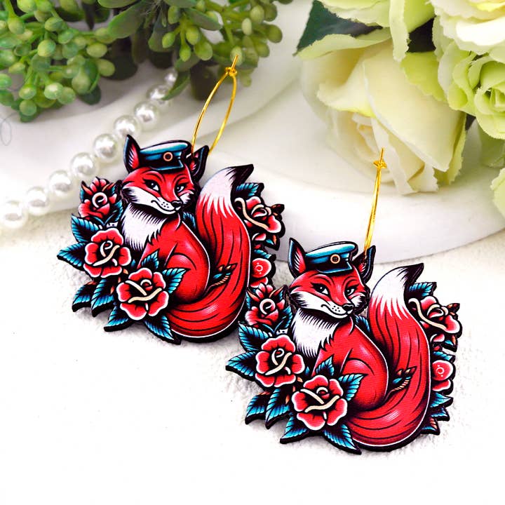 HappyJewelrySupplies - Wholesale Dangle earrings - Red Fox Officer Wooden Earrings0