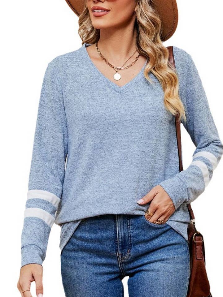 NINEXIS - Wholesale Blouse - Women's - CWTBLL2392_V-NECK LONG-SLEEVED CONTRAST COLOR LOOSE TOP8