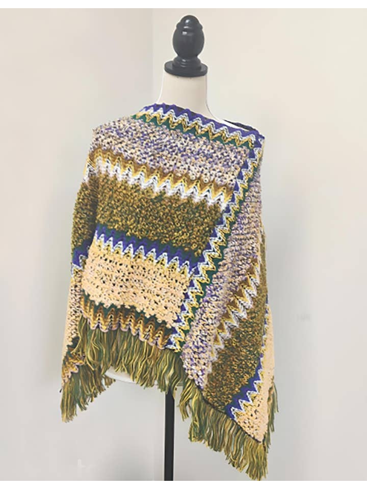 Fennco Styles - Wholesale Poncho - Women's - Green Striped Knit Tassel Pullover Poncho Sweater