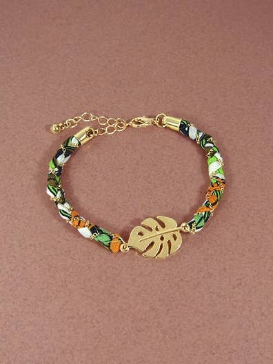 Tropical Fabric And Gold Chain Wrap Monstera Leaf Bracelets for wholesale by TheTizana
