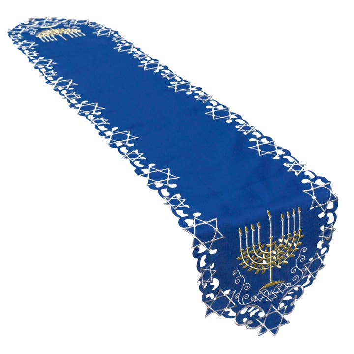 Blue Hanukkah Gold Menorah Embroidered Table Runner for wholesale by STP
