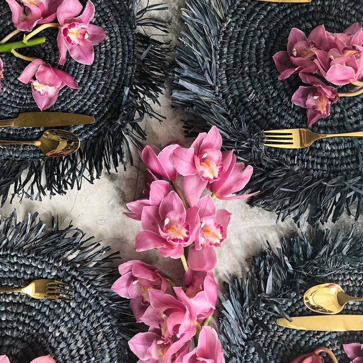 Bali Harvest - Wholesale Placemat - Straw Raffia Placemats with Fringe - Black Boho Woven Wicker