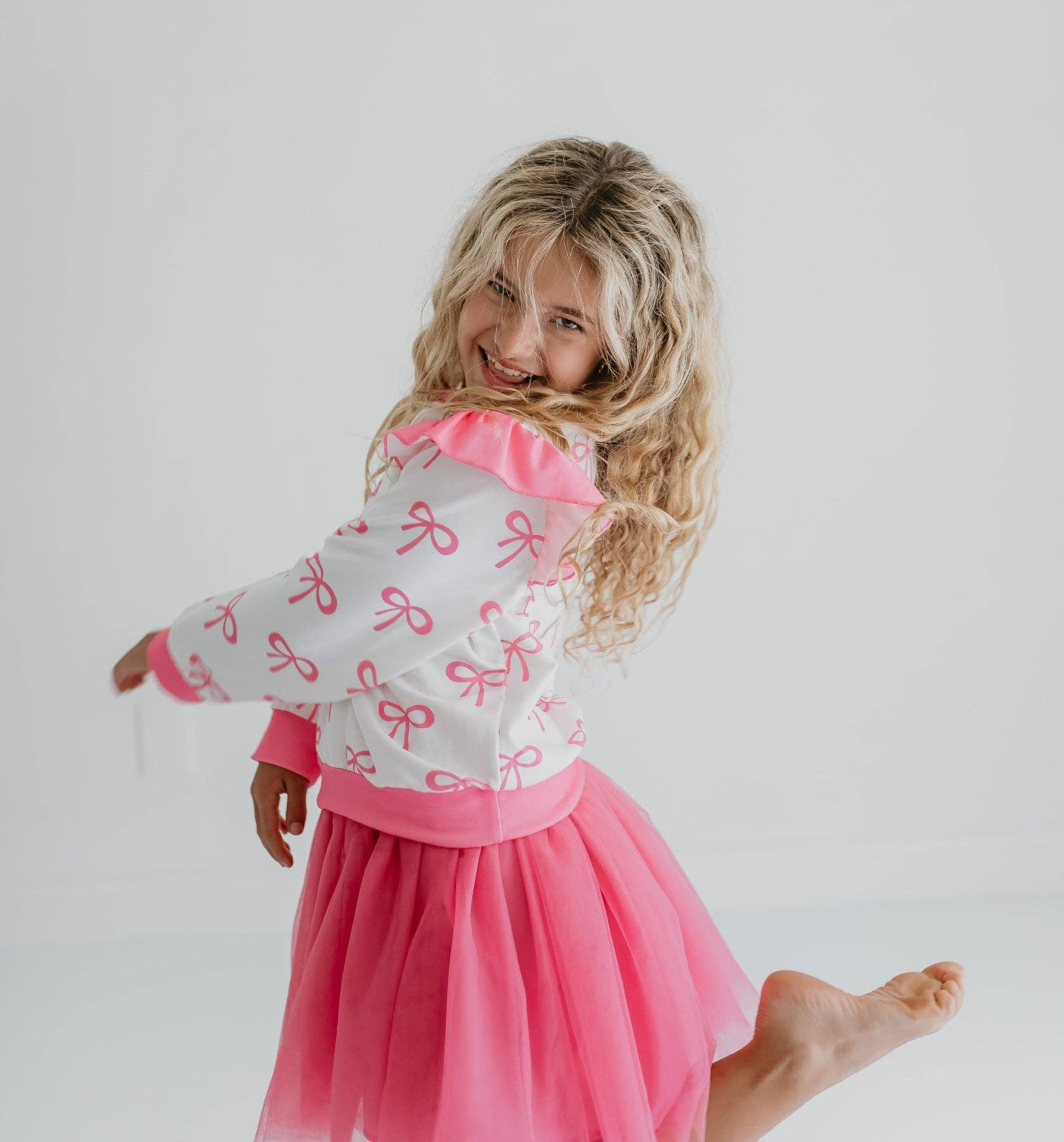 Adorable Sweetness - Wholesale Top & Skirt Set - Kids - Girls White & Hot Pink Coquette Bow and Tulle Skirt Set8