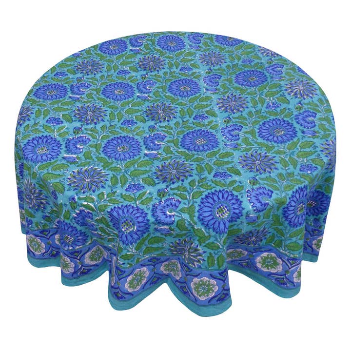 Solrosblå Block Tryckt Bomull Rund Bordsduk för wholesale av Ayras World