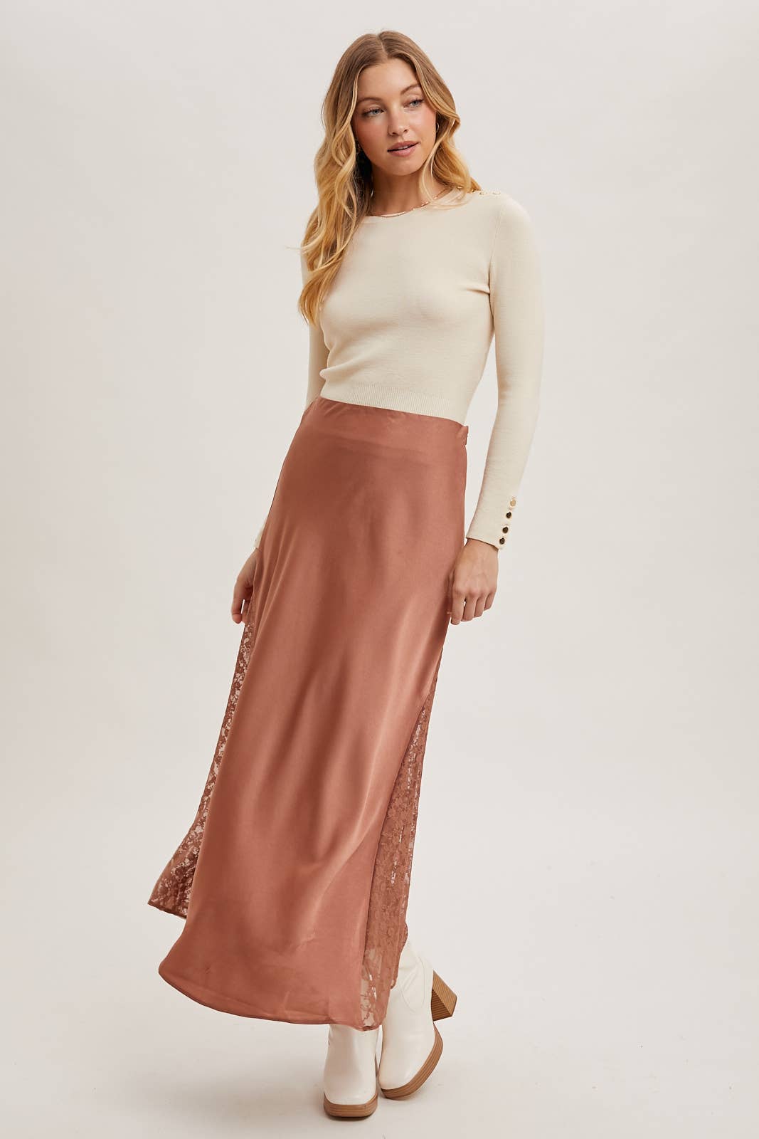 Bluivy - Vente Jupe – femme - Jupe midi en satin taille mi-haute avec bordure en dentelle7