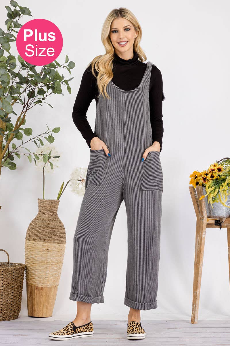 Celeste Clothing – Großhandel Jumpsuit – Damen – Plus-Size verstellbarer Rippen-Overall mit Fronttaschen - CP4387364
