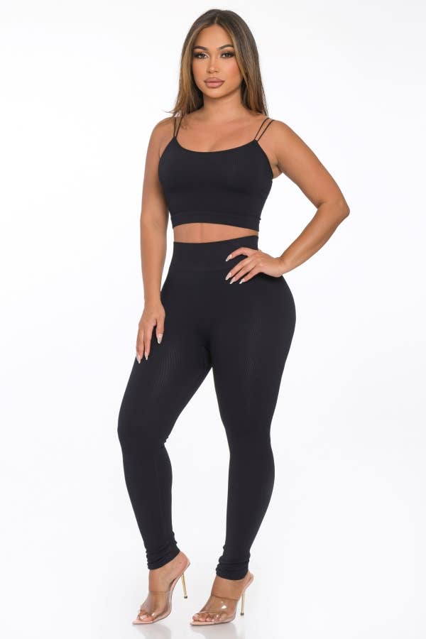 Lime All the Time - Wholesale Lounge Set - Women's - 2 Pcs Seamless Double Spaghetti Strap Top and Legging Set0