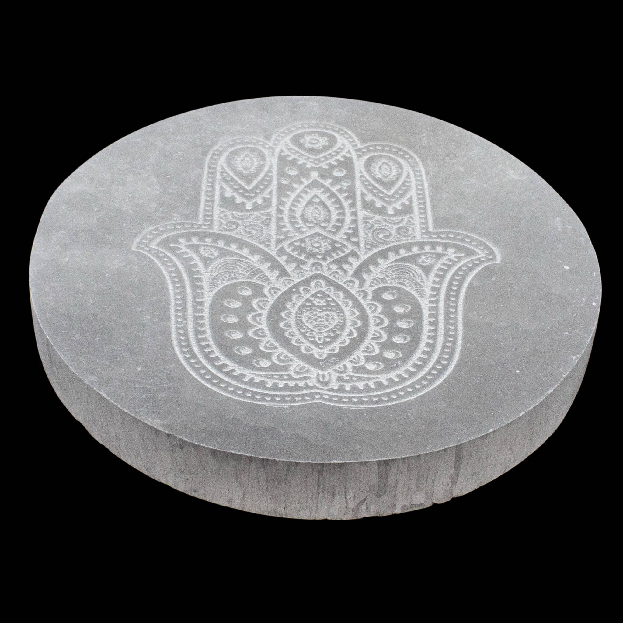 Quasar Gems USA - Wholesale Crystal Charging Plate - Selenite Engraved Round Shemoni Hamsa Charging Plate 2