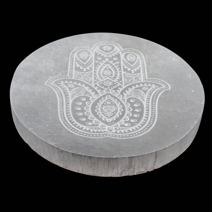 Quasar Gems USA - Wholesale Crystal-charging plate - Selenite Engraved Round Shemoni Hamsa Charging Plate 2
