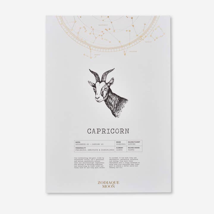 Capricorn A3 Art Print - Off White for wholesale by Zodiaque Moon
