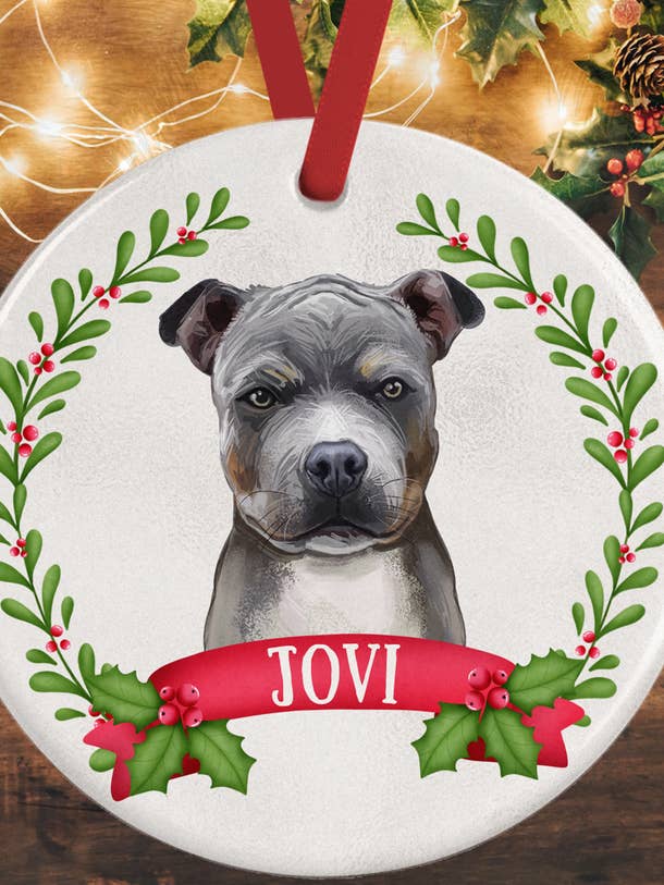 Amerikansk Staffordshire Terrier Grå julepynt for engroshandel hos WagATudeTags