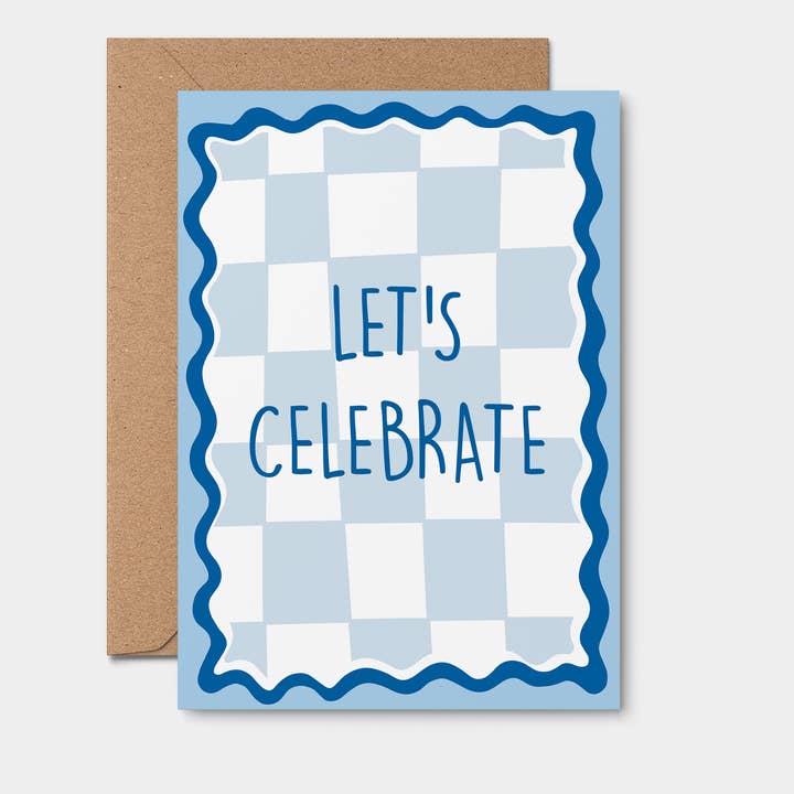 Let’s Celebrate greeting card: Blue Wavy Checkers for wholesale by From Rosalie