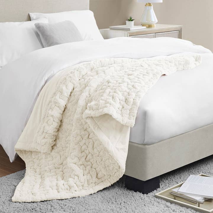 Olliix - Wholesale Throw Blanket - Soft Warm Ruched 50x60" Throw Blanket, Ivory