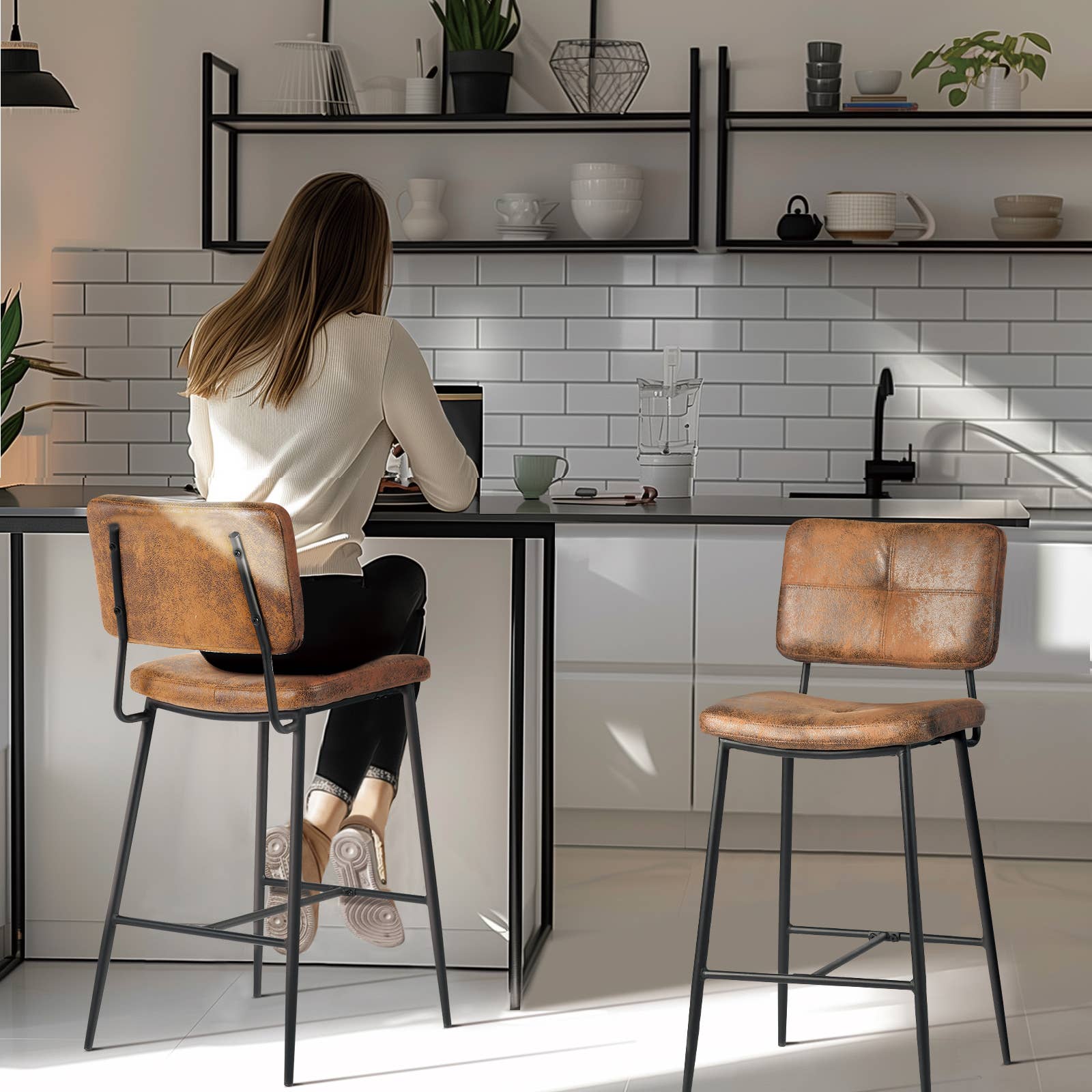 39F Inc. - Wholesale Stool - 26.7in Suede Brown Barstools with Metal Frame0