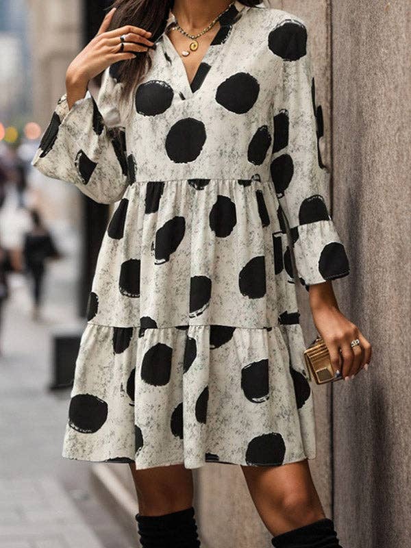 Mini vestidos de manga larga plissados com bolinhas e gola em V com gola em V por atacado de StyleGalX