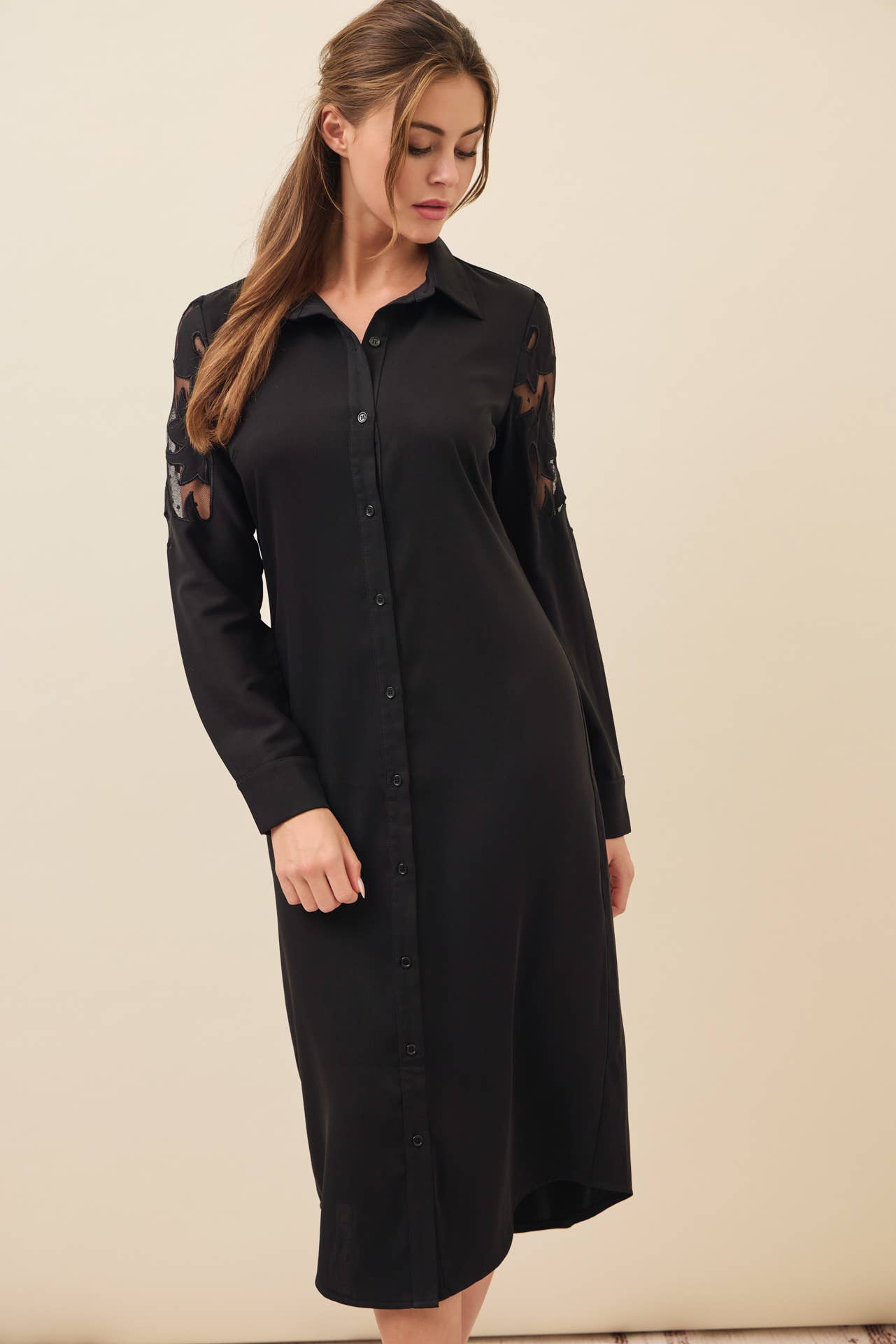 BLACK Possibilities Woven Shirt Dress With Mesh Cutout for wholesale on Faire5