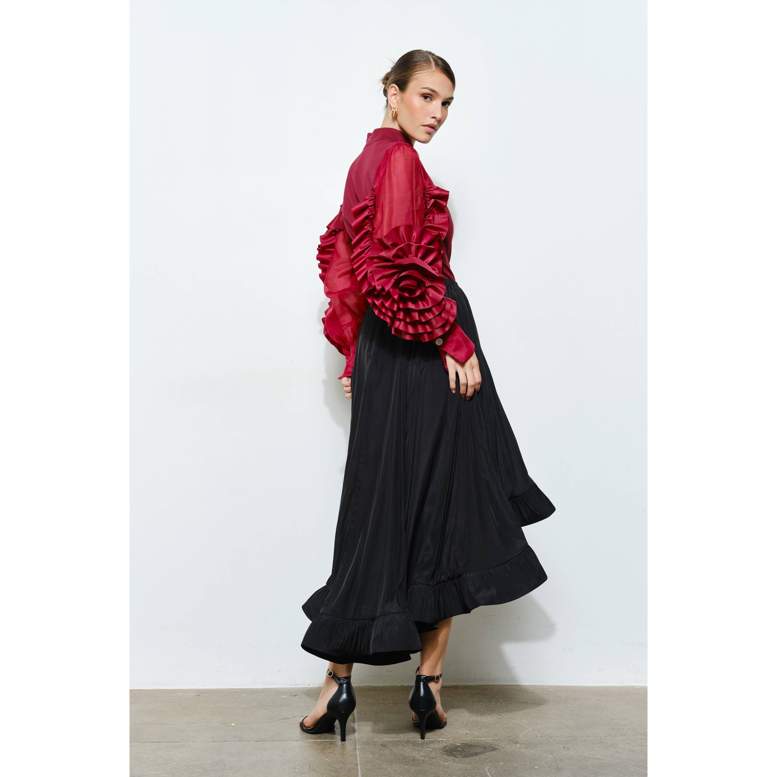 INA - Wholesale Blouse - Women's - Rosette Ruffle Sheer Sleeve Jersey Top14