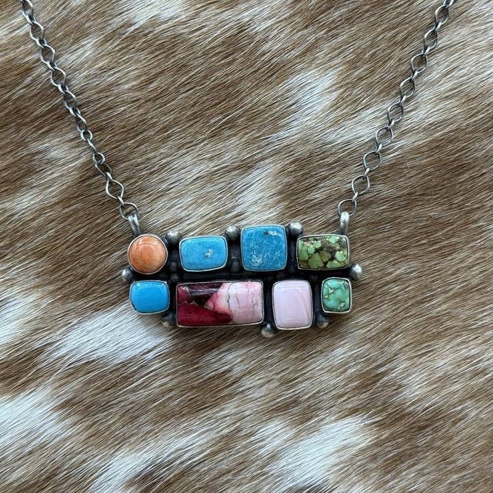 Native City Jewelry - Wholesale Pendant/Charm Necklace - Navajo Handmade Sterling Silver Mixed Stone Turquoise Cluster Bar Necklace 18”