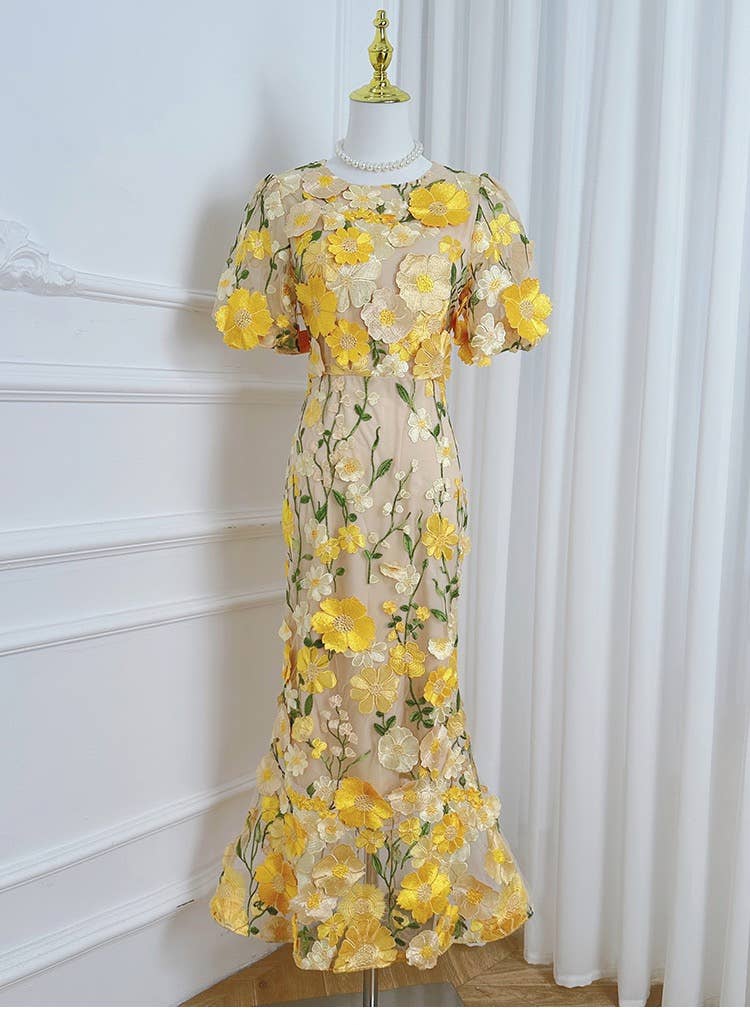 Sanyao Fashion - Wholesale Dress - Women's - SY474 3D Floral Embroidered Puff Sleeve Fishtail Skirt0