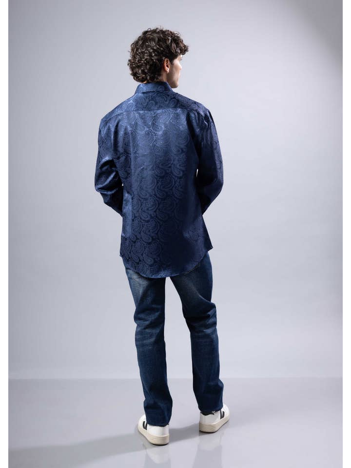 252214 - Navy Elevated Jacquard Button-Up Shirt Long Sleeve for wholesale on Faire4