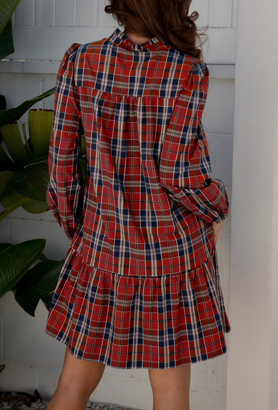 FULL TIME PURCHASE - Wholesale Dress - Women's - Plaid Print Frilly Collar Long Sleeve Shift Mini Dress3