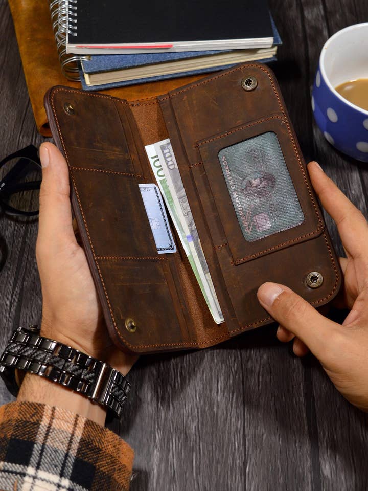 Personalized Leather Long Wallet, Engraved Tall Bifold Leather Card Holder Wallet Unisex for wholesale by Craftivor