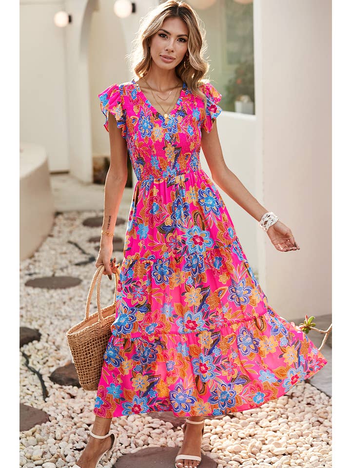 Rose Red LDC Boho Floral V Neck Ruffle Tiered Long Dress for wholesale on Faire