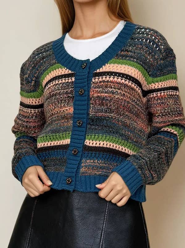 Multi Stripe Knit Cardigan with Button Front for wholesale by FRECKLE LOS ANGELES