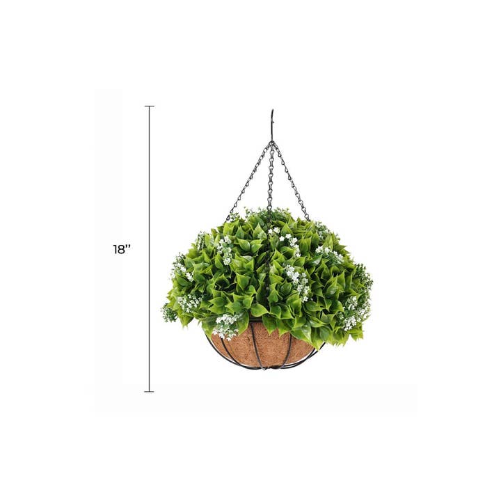 Hanging Artificial Wide Leaf Buxus Flowering Basket 18" UV Resistant for wholesale by Designer Plants